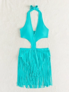 Détails du maillot de bain licou turquoise avec jupe à franges et découpes sur les côtés