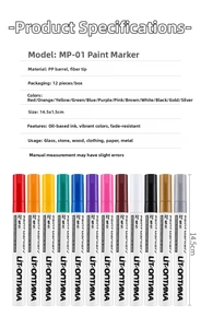 Detailed specifications of 12-color waterproof oil paint markers for multi-surface use