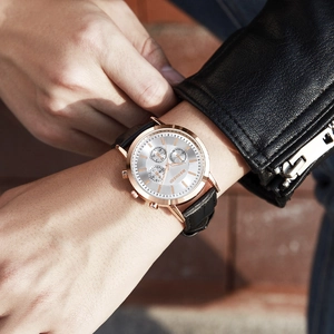 Benyar men's rose gold chronograph watch with silver dial and black leather strap