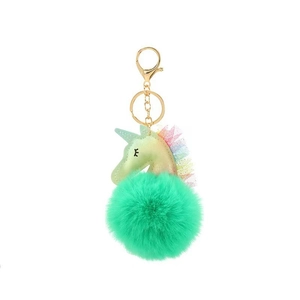 Unicorn faux fur pompom keychain with holographic glitter leather and pastel lace trim