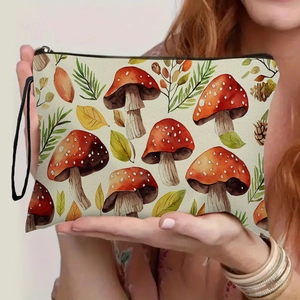 Mushroom Print Cosmetic Bag Linen Fabric Zipper Makeup Pouch Travel Toiletry Organizer Wristlet Autumn Forest Watercolor
