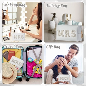 Detailed views of white MRS pearl patch makeup bag in travel and gift use cases