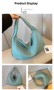 Detail view of lake blue woven hobo bag showing texture and interior storage
