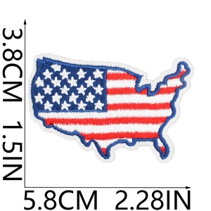 Detailed size chart of USA map embroidery patch with dimensions 5.8cm by 3.8cm