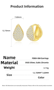 Detail view of gold drop hoop earrings with S925 stamp and precise size measurements