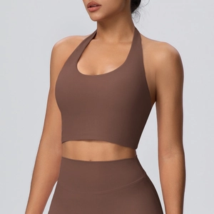 Reggiseno sportivo con scollo all'americana marrone caffè in tessuto opaco elastico