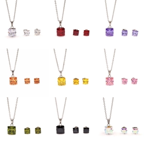 Detailed grid view of square zircon jewelry sets in nine vibrant colors with silver chain