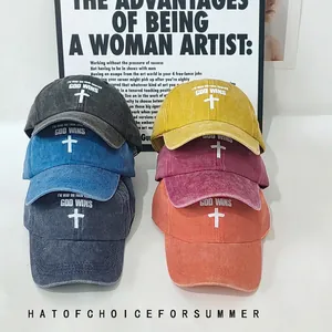Washed Cotton Baseball Cap Retro God Wins Letter Print Cross Pattern Adjustable Sun Hat For Men Women Casual Vintage
