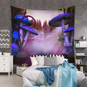 Detailed view of bohemian glowing mushroom tapestry hanging as a bedroom backdrop wall decor