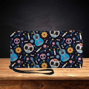 Women Long Wallet PU Leather Zipper Clutch Bag With Wristlet Halloween Mexican Day Of The Dead Sugar Skull Print Floral