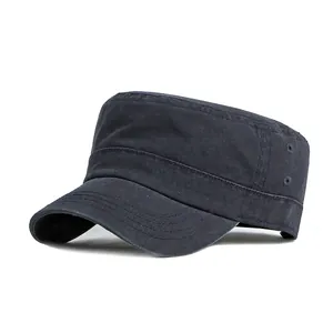 Vintage Washed Cotton Cadet Cap Flat Top Military Style Breathable Adjustable Sun Hat For Men Unisex