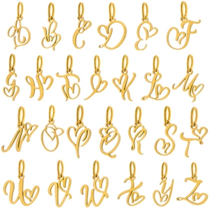 Set of 26 gold stainless steel alphabet heart pendants in artistic cursive font styles