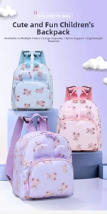 Three cute cartoon bear backpacks in light blue, pink, and lilac with 3D ears on a display