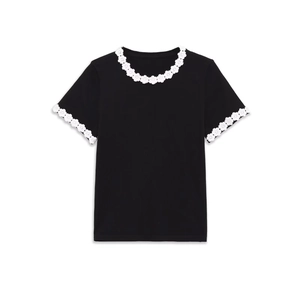 Slim fit black crew neck T-shirt with white floral lace trim on neck and sleeves