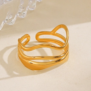 18K gold plated stainless steel triple-layered wavy ring with an adjustable open design