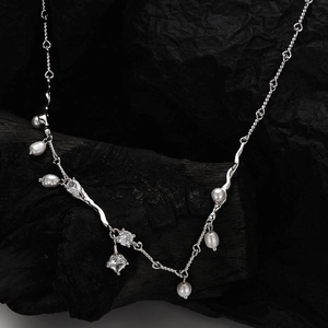 925 Sterling Silver Artificial Pearl Necklace Cubic Zirconia Snowflake Pendant Dainty Clavicle Chain Jewelry For Women
