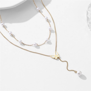 Elegant gold-plated butterfly necklace with double layered chains and pearl charms