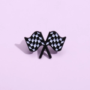 Black and white checkered racing flags enamel pin brooch with dual crossed flag design