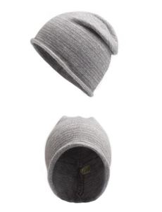 Detailed view of gray knit beanie showing fine texture and internal stitching details