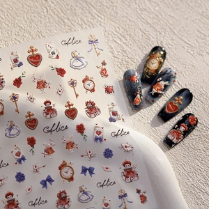 Wonderland Fairytale 5D Relief Nail Art Stickers Vintage Retro Girl Rabbit Clock Heart Manicure DIY Decals