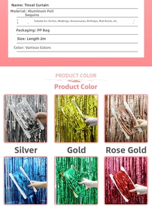 Detail display of 2m metallic foil fringe curtains in various vibrant colors for parties