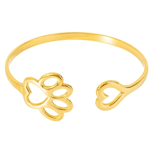 Polished 18k gold plated stainless steel open bangle with paw print and heart details