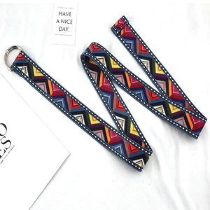 Detail of ethnic style canvas belt with colorful geometric weave and silver D-ring buckle