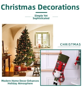 Detail of red and green plaid Christmas stocking with 3D Santa doll hanging on a tree
