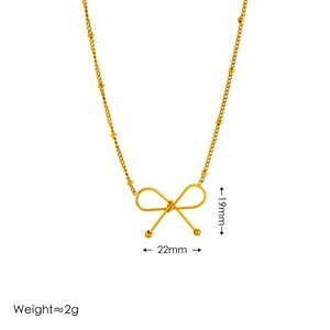 Gold bow pendant necklace in stainless steel with 22mm x 19mm size on white background