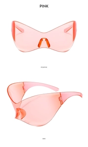 Pink Y2K futuristic wrap around sunglasses with positive and side views shown
