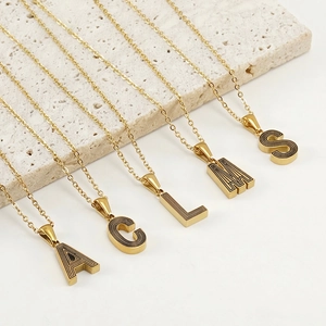 Stainless Steel Initial Necklace 18K Gold Plated Uppercase Letter Pendant With Black Textured Pattern Geometric Jewelry