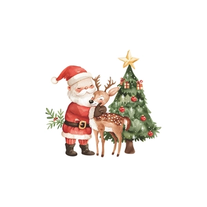 Watercolor Christmas wall stickers featuring Santa Claus, reindeer, and a festive tree