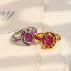 Vintage 18K gold plated stainless steel ring with pink oval zircon and colorful pavé stones