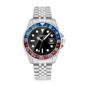 Classic silver stainless steel men's watch with red-blue bezel and black dial