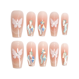 Pink gradient press-on nails with butterfly designs and aurora crystal embellishments