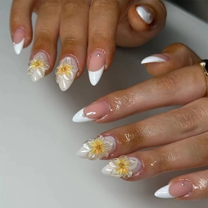 Almond Press On Nails 3D Sunflower French White Tip False Nails Artificial Pearl Beads Elegant Manicure For Women Salon Look Fashion
