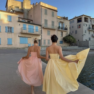 Strapless Maxi Dress Satin Corset Style Bow Back Lace Up A-Line Long Dress For Party Banquet Sweet Sexy Women