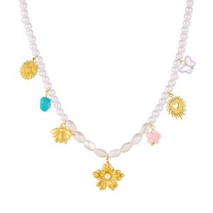 Collier de perles baroques avec breloques dorées en tournesols, abeilles et papillons