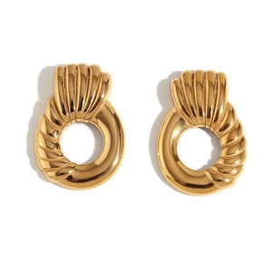 Vintage 18K gold plated stainless steel stud earrings with textured petal and rope design