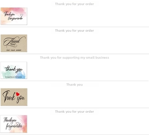 Detailed chart showing 2.5x3.7cm thank you card styles HA071 to HA075 in various designs