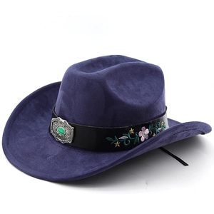 Detail of dark purple faux suede cowboy hat with floral embroidery and turquoise buckle