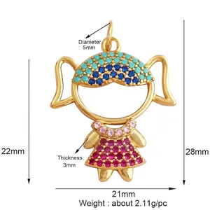DIY colorful zircon girl pendant with gold plating and multicolored micro-set gemstones