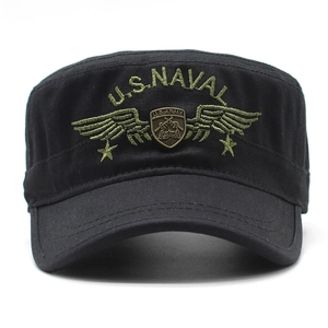 Classic black cotton military cadet hat with U.S. NAVAL embroidery and gold eagle badge