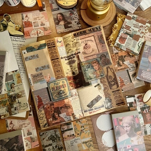 Vintage scrapbooking material set with retro posters and artistic stickers for DIY journaling
