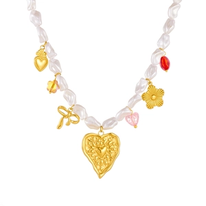 Faux pearl and gold stainless steel necklace with heart flower bow pendants