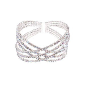 Three-layer silver geometric crossover open bangle with sparkling AB crystal rhinestones