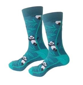 Detail view of panda and bamboo pattern on blue crew socks with reinforced heel and toe