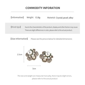 Macro detail view showing exact dimensions and materials of vintage pearl floral earrings