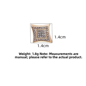 Detailed view of gold square stud earrings with pave crystals measuring 1.4cm by 1.4cm