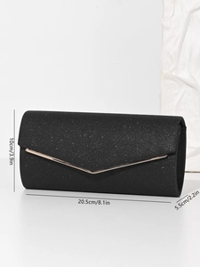 Detail view of black glitter evening clutch with gold metal trim and dimensions 20.5x10x5.5cm